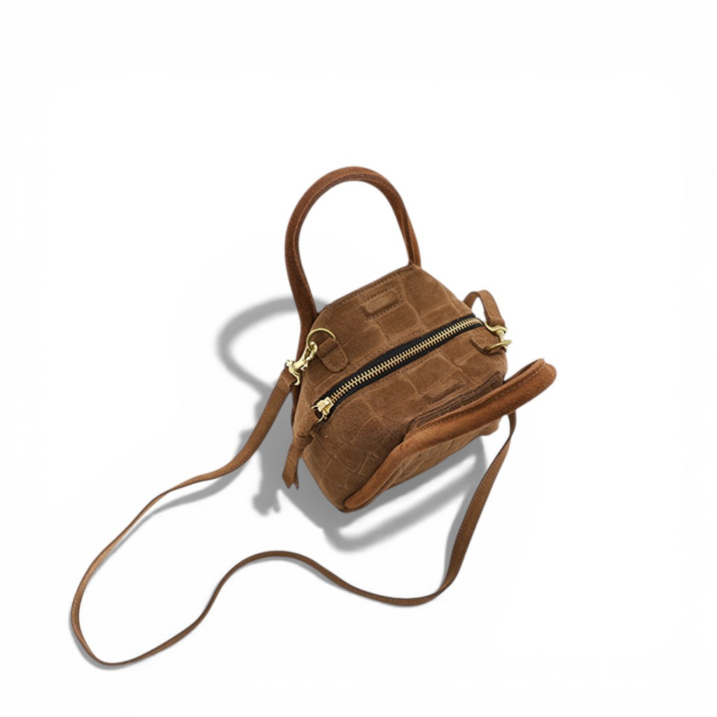 Mini Taya Top Handle Crossbody in Camel Italian Croco-Embossed Suede