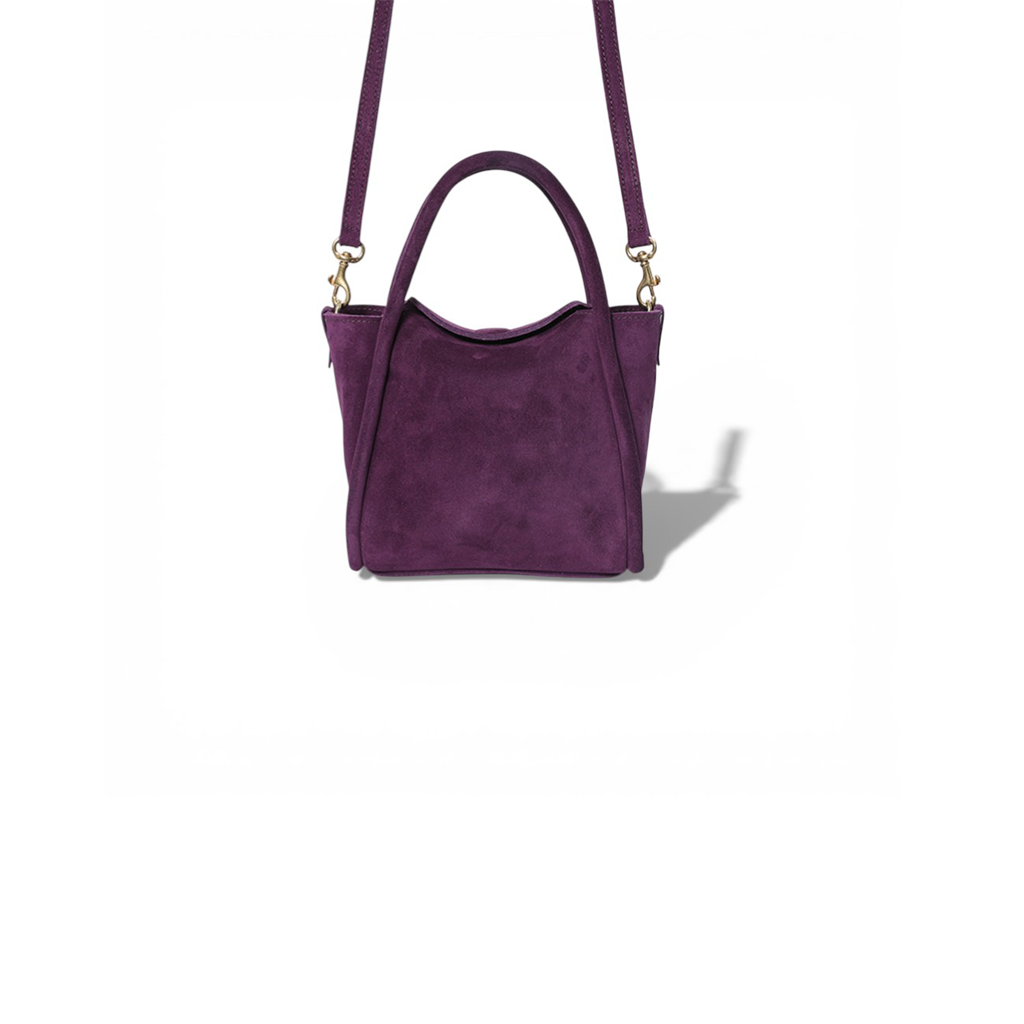 Mini Serena Top Handle Crossbody in Aubergine Italian Leather Backed Suede