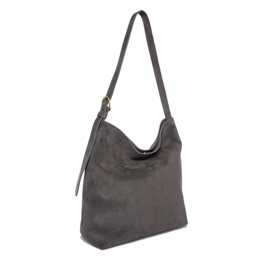 Gabriella Shoulder Bag in Pewter Italian Leather Backed Suede