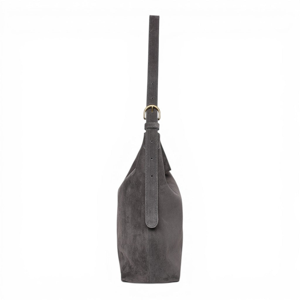 Gabriella Shoulder Bag in Pewter Italian Leather Backed Suede