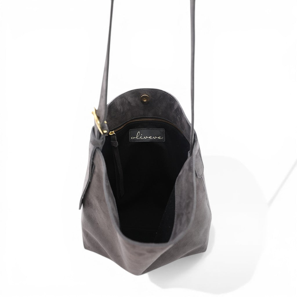 Gabriella Shoulder Bag in Pewter Italian Leather Backed Suede
