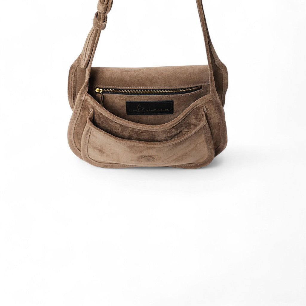 Simona Saddle Bag in Amphora Italian Leather Backed Suede