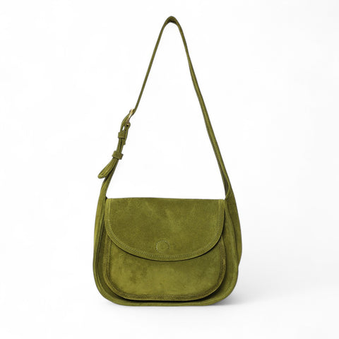 Simona Saddle Bag in Avocado Italian Leather Backed Suede