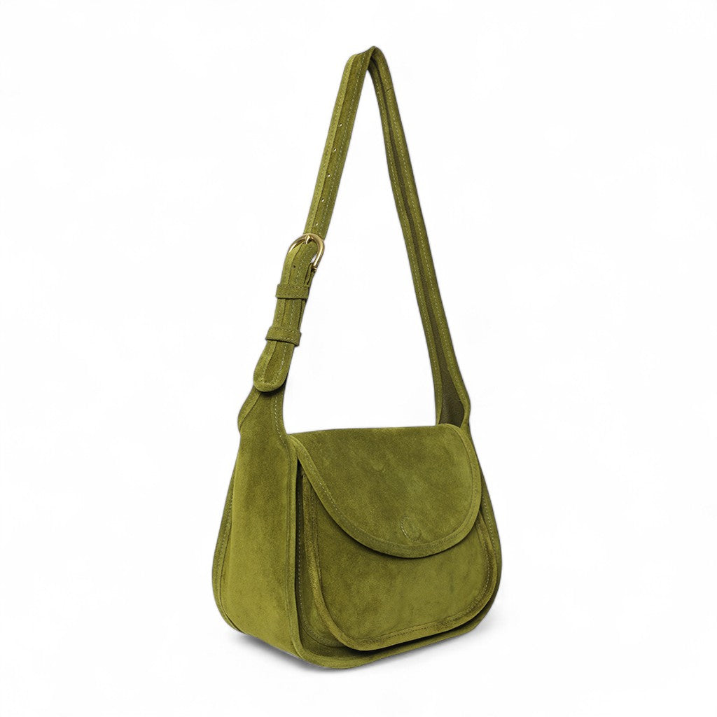 Simona Saddle Bag in Avocado Italian Leather Backed Suede