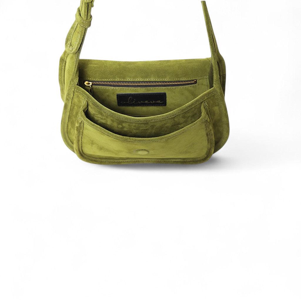 Simona Saddle Bag in Avocado Italian Leather Backed Suede