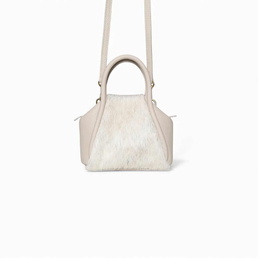 Mini Taya Top Handle Crossbody in Grey Brindle Natural Haircow with Lamb Italian Buffalo Cowhide