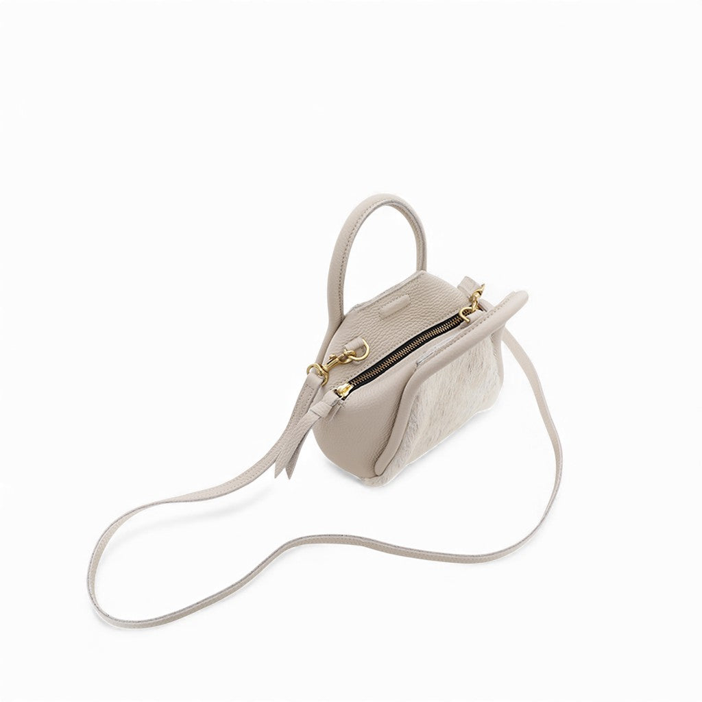 Mini Taya Top Handle Crossbody in Grey Brindle Natural Haircow with Lamb Italian Buffalo Cowhide