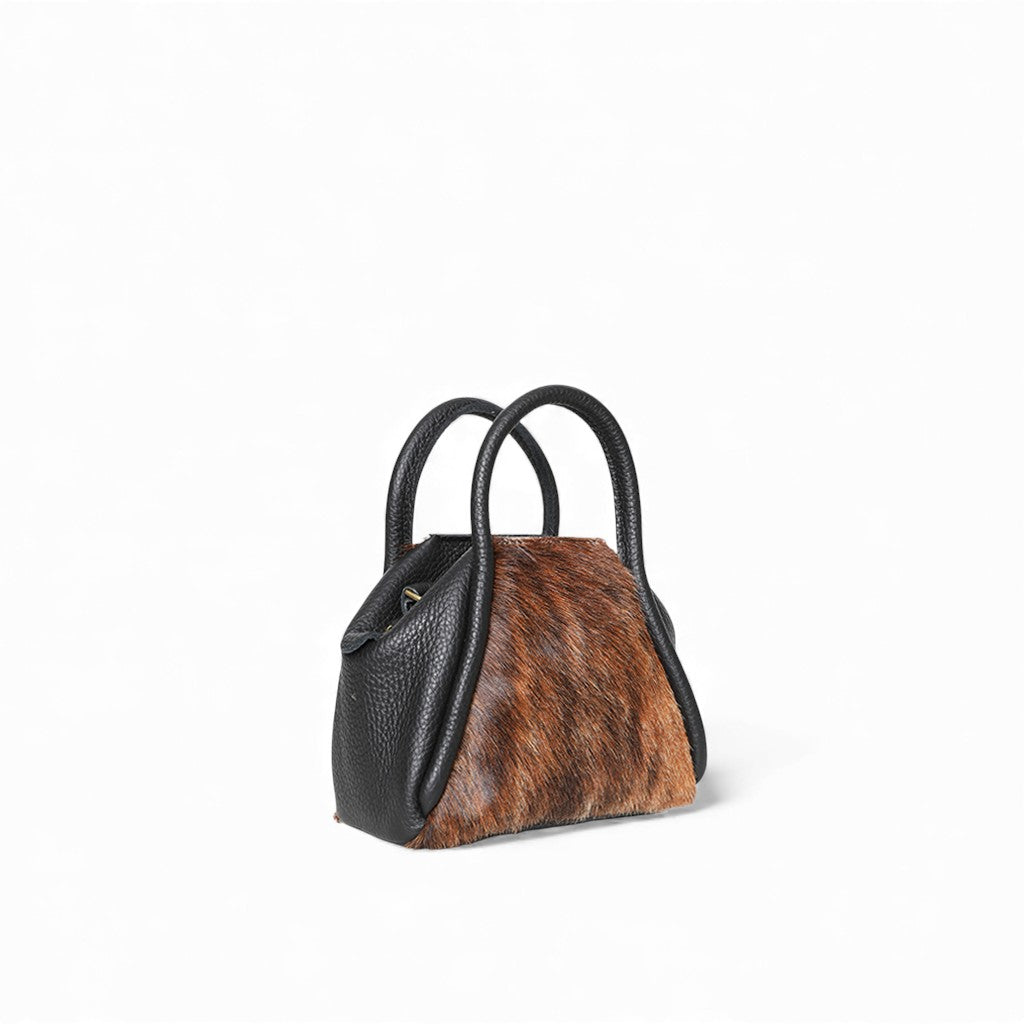 Mini Taya Top Handle Crossbody in Dark Brindle Natural Haircow with Black Italian Buffalo Cowhide
