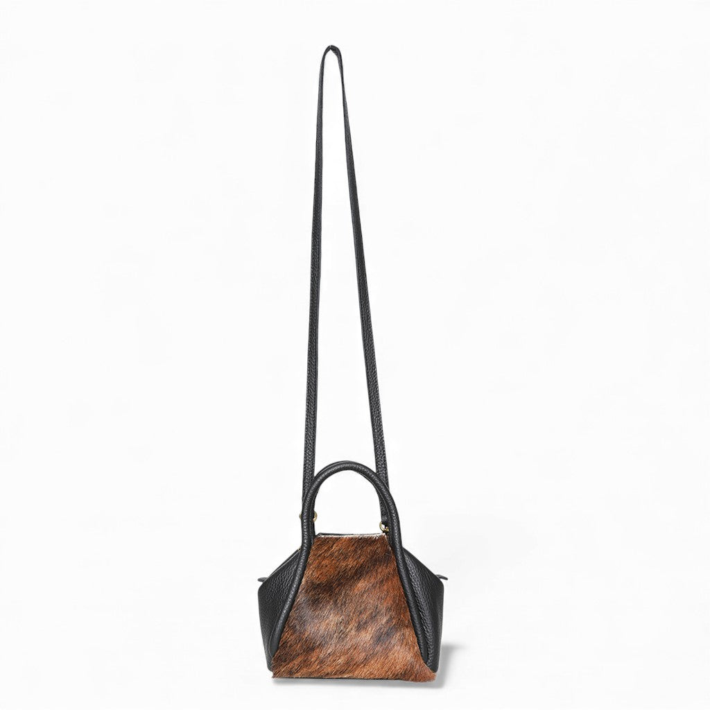 Mini Taya Top Handle Crossbody in Dark Brindle Natural Haircow with Black Italian Buffalo Cowhide