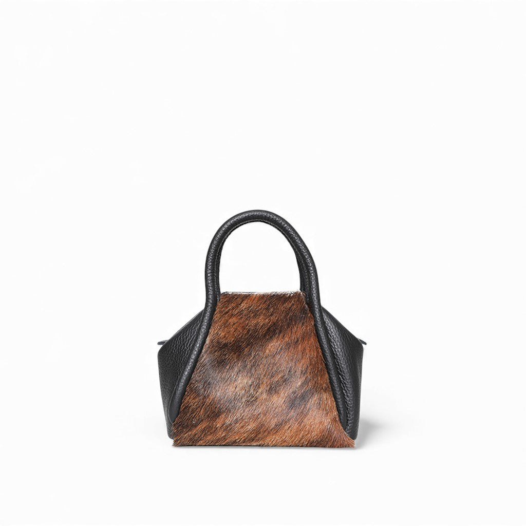 Mini Taya Top Handle Crossbody in Dark Brindle Natural Haircow with Black Italian Buffalo Cowhide