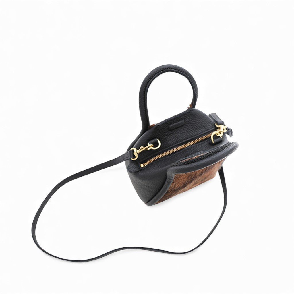 Mini Taya Top Handle Crossbody in Dark Brindle Natural Haircow with Black Italian Buffalo Cowhide