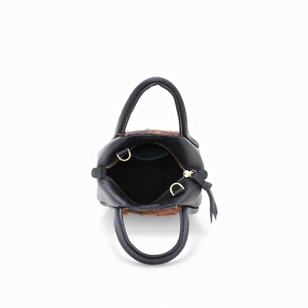 Mini Taya Top Handle Crossbody in Dark Brindle Natural Haircow with Black Italian Buffalo Cowhide