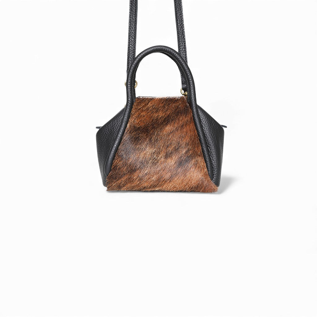 Mini Taya Top Handle Crossbody in Dark Brindle Natural Haircow with Black Italian Buffalo Cowhide