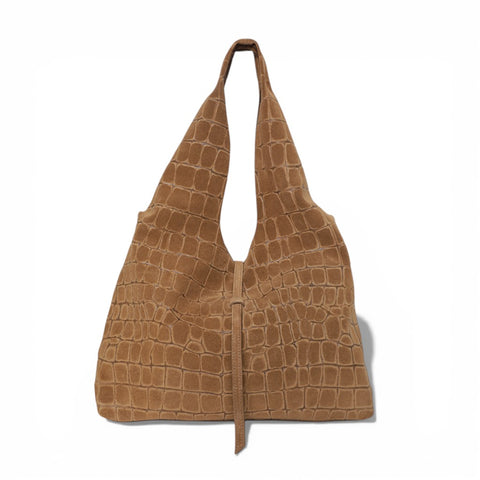 Elisabetta Shopper in Camel Italian Croco-Embossed Suede