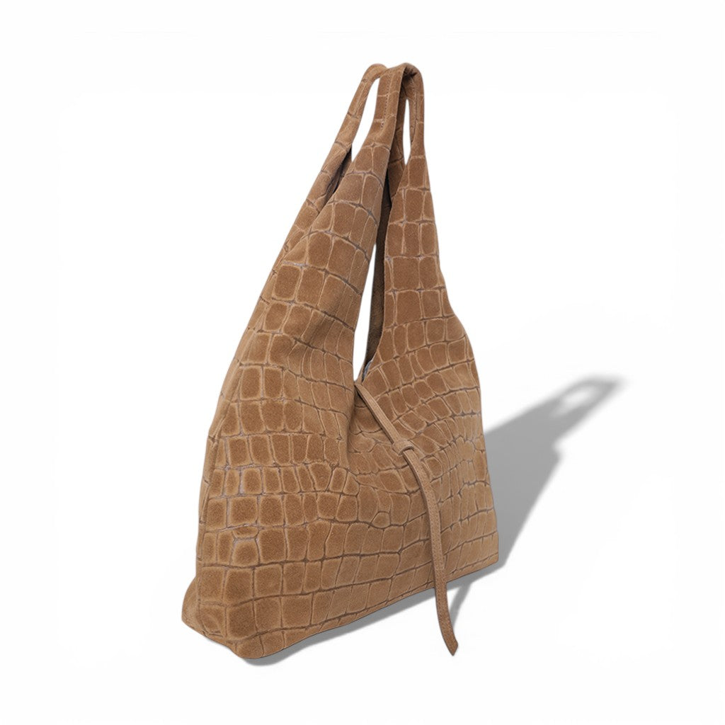 Elisabetta Shopper in Camel Italian Croco-Embossed Suede