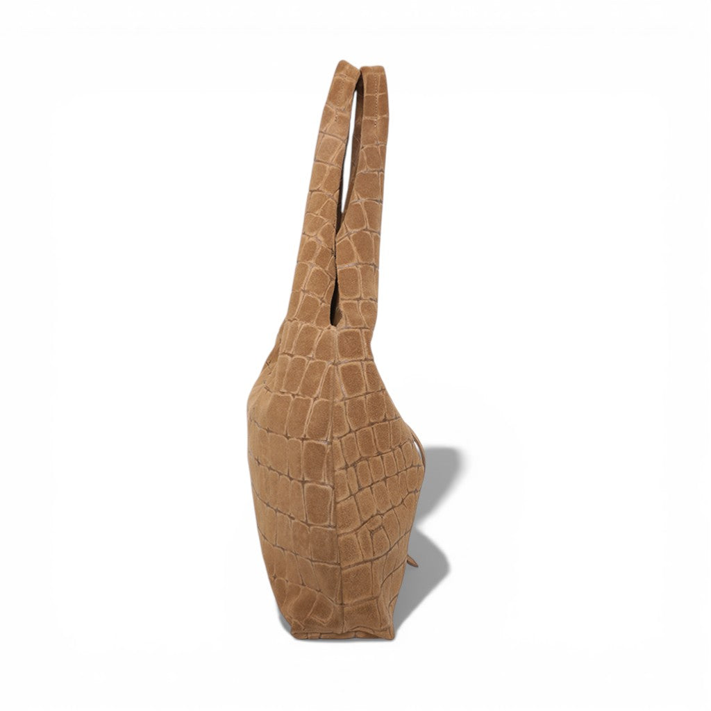 Elisabetta Shopper in Camel Italian Croco-Embossed Suede