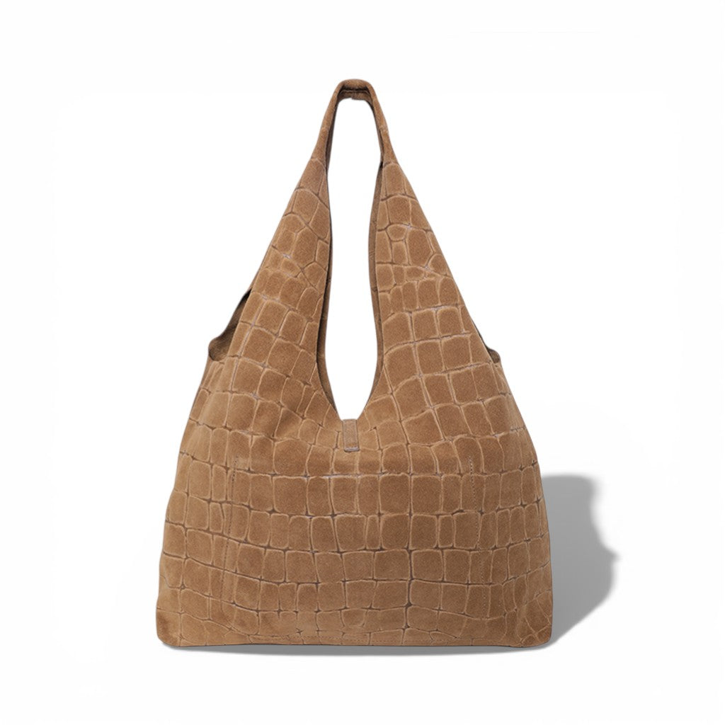Elisabetta Shopper in Camel Italian Croco-Embossed Suede