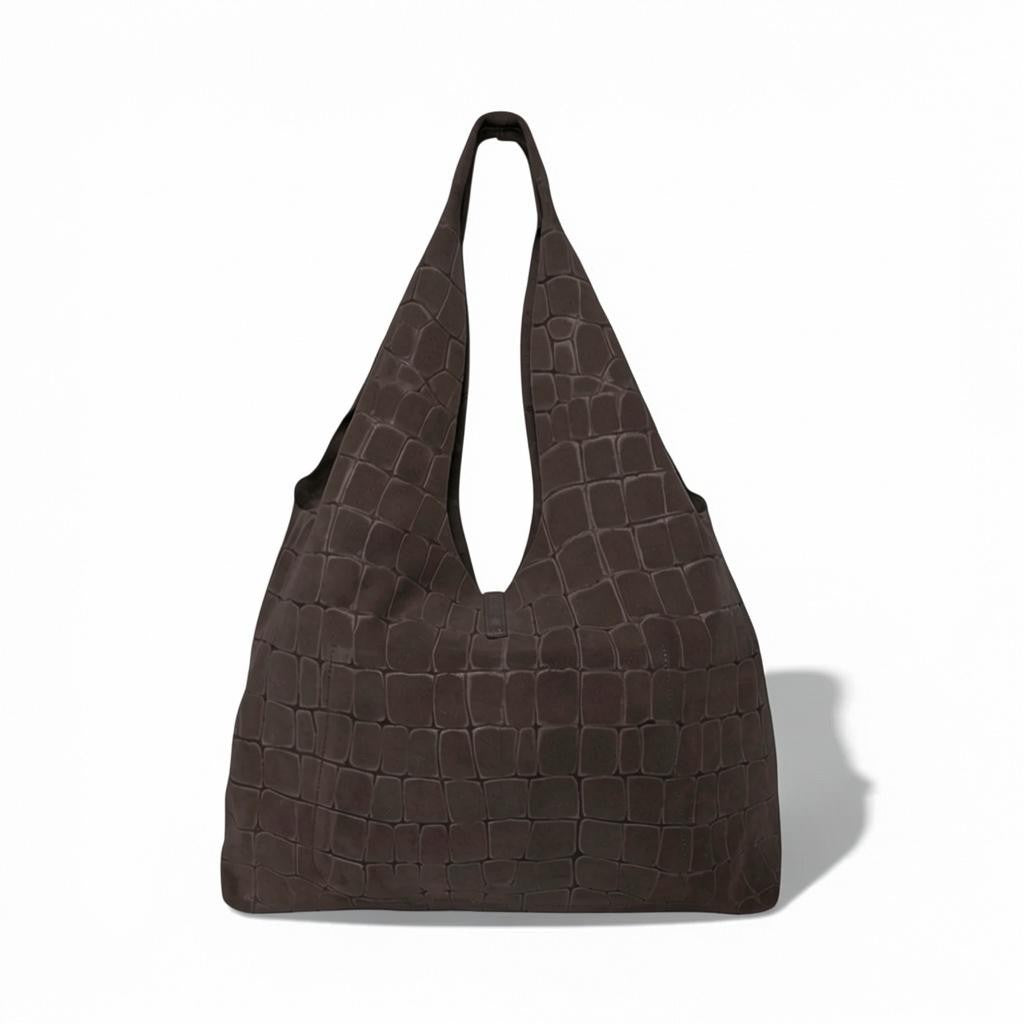 Elisabetta Shopper in Truffle Italian Croco-Embossed Suede