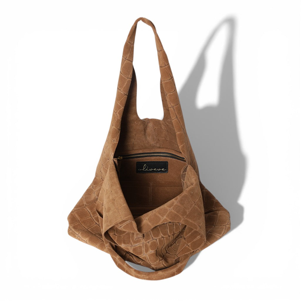 Elisabetta Shopper in Camel Italian Croco-Embossed Suede