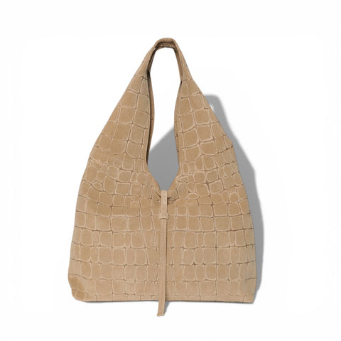 Elisabetta Shopper in Ecru Italian Croco-Embossed Suede