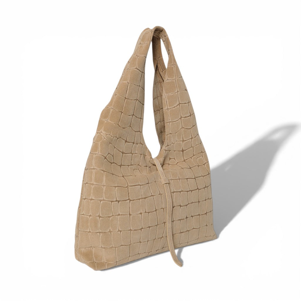 Elisabetta Shopper in Ecru Italian Croco-Embossed Suede