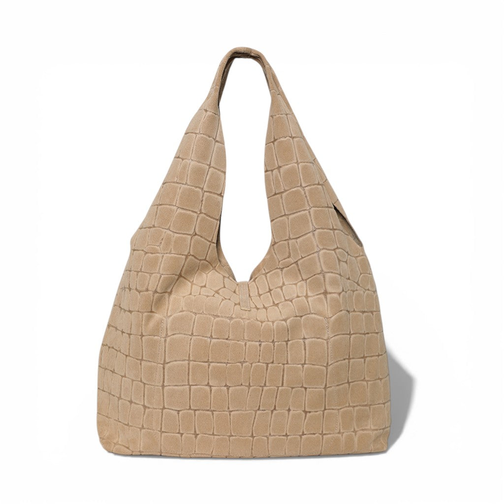 Elisabetta Shopper in Ecru Italian Croco-Embossed Suede