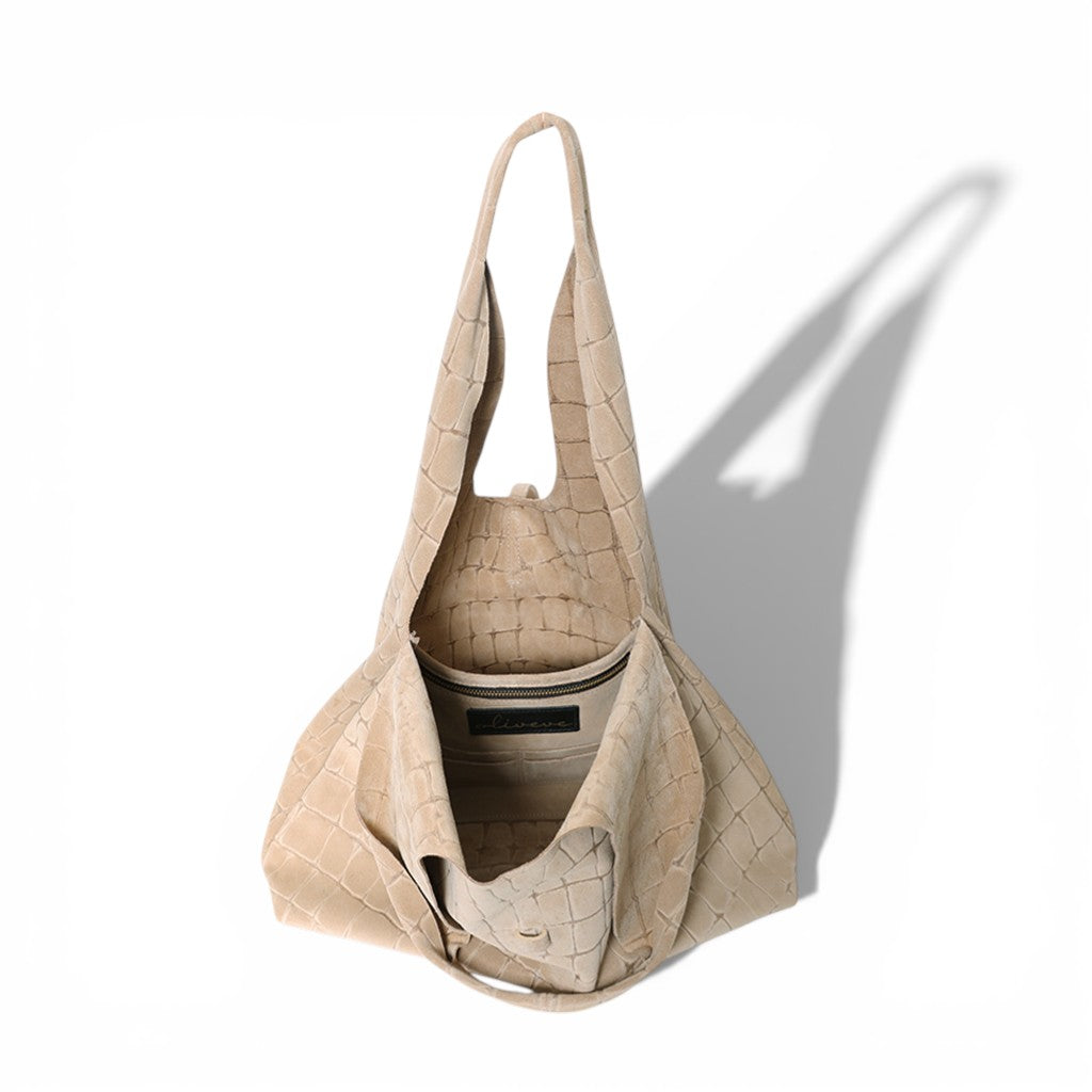Elisabetta Shopper in Ecru Italian Croco-Embossed Suede