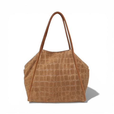 Taya Tote in Camel Italian Croco-Embossed Suede