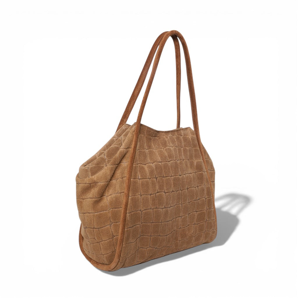 Taya Tote in Camel Italian Croco-Embossed Suede