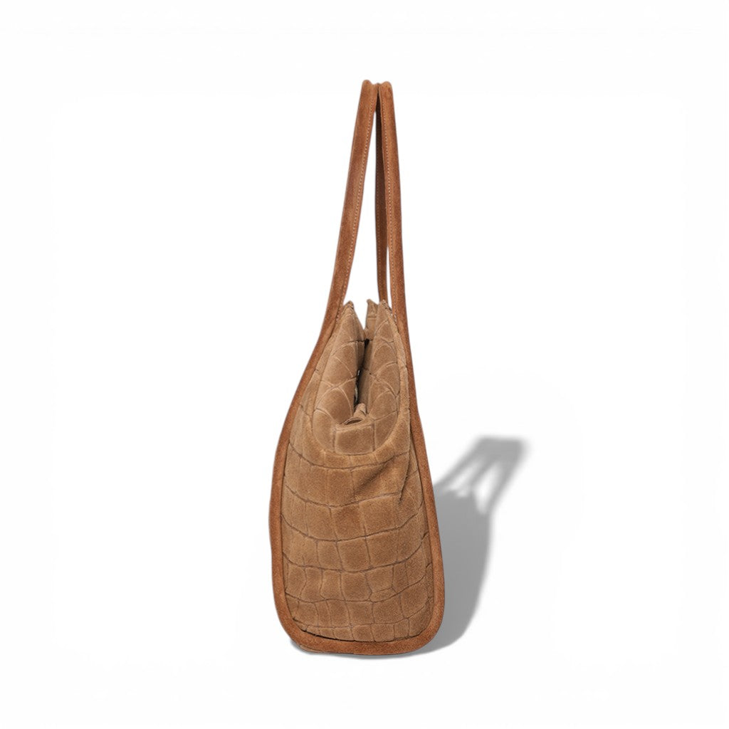 Taya Tote in Camel Italian Croco-Embossed Suede