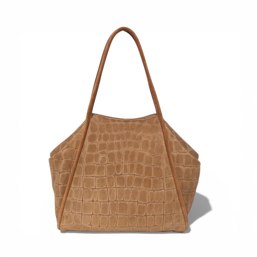 Taya Tote in Camel Italian Croco-Embossed Suede