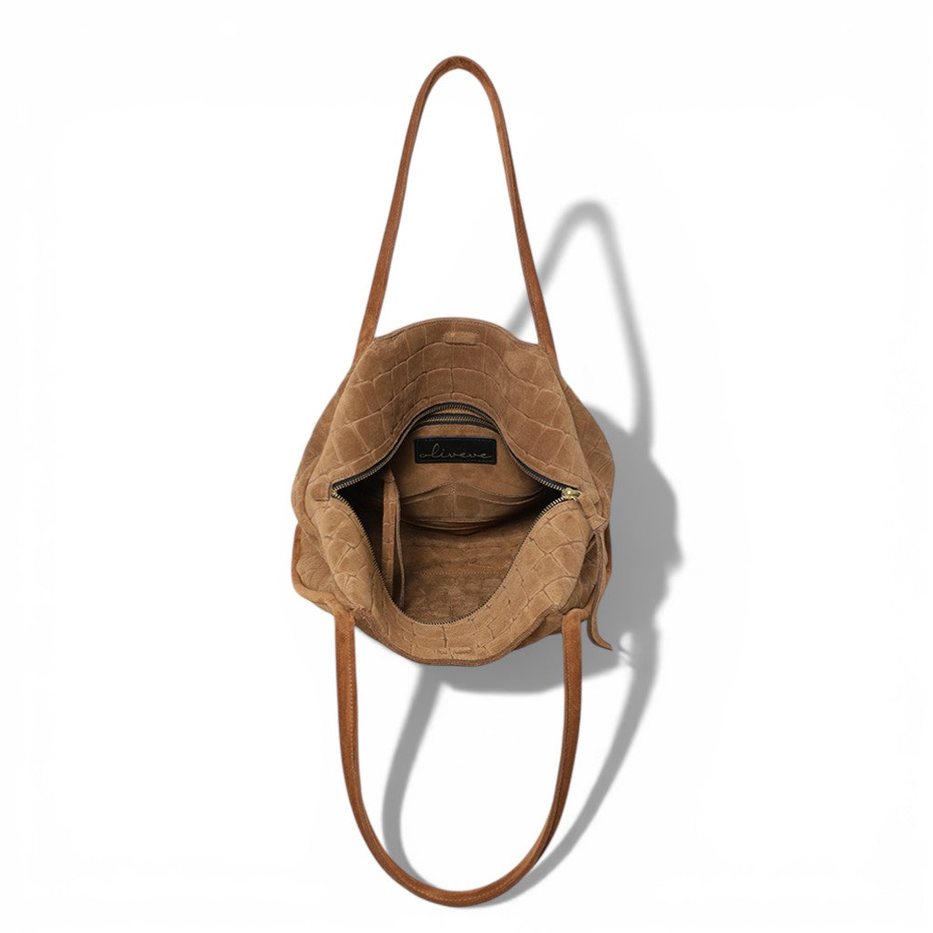 Taya Tote in Camel Italian Croco-Embossed Suede