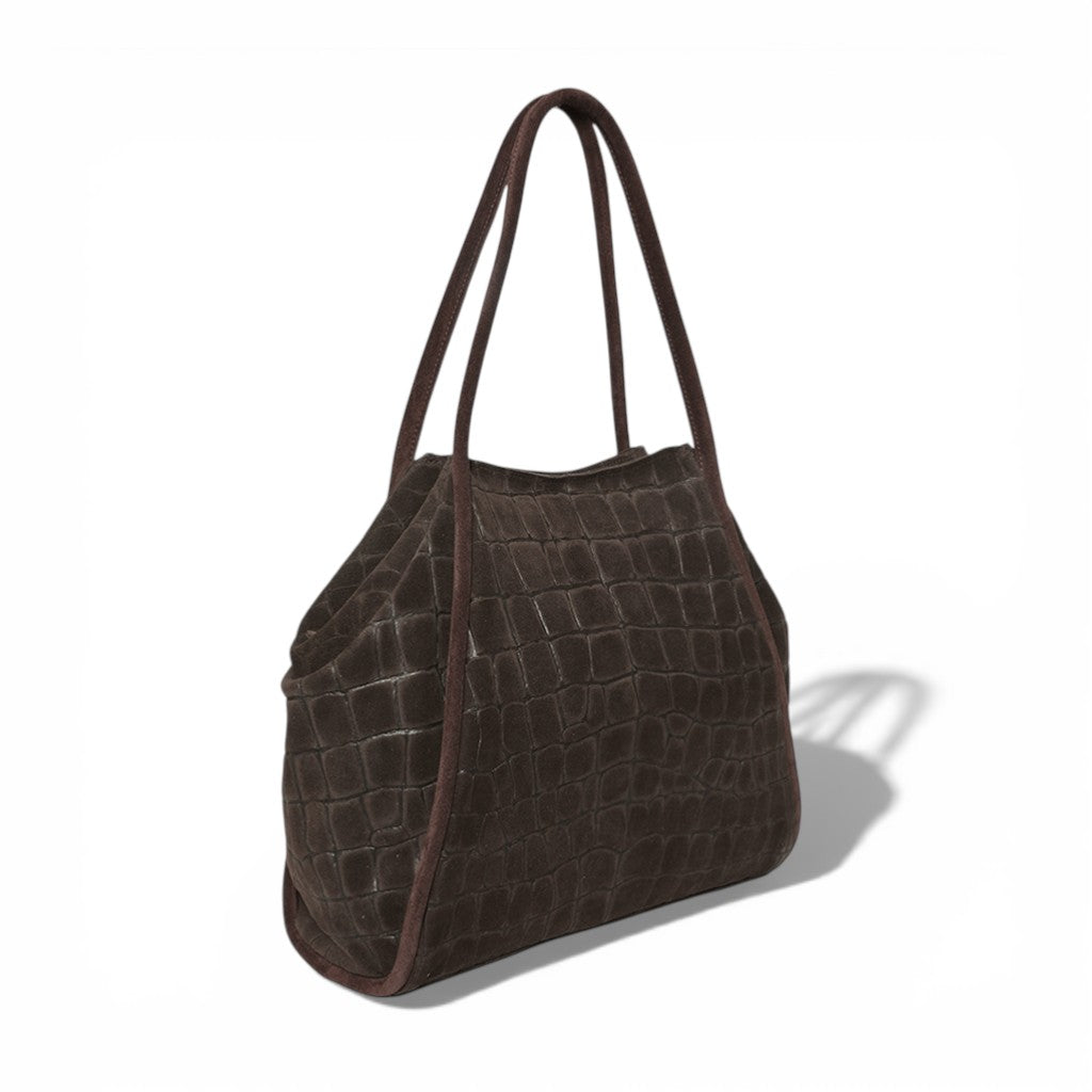 Taya Tote in Truffle Italian Croco-Embossed Suede