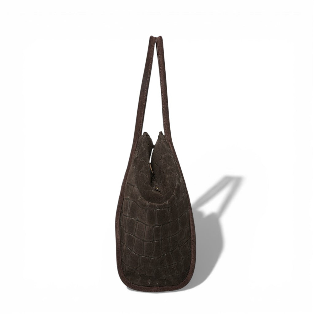 Taya Tote in Truffle Italian Croco-Embossed Suede