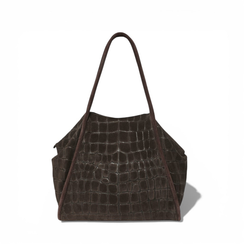Taya Tote in Truffle Italian Croco-Embossed Suede