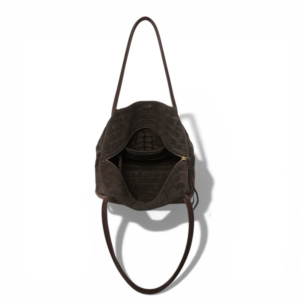 Taya Tote in Truffle Italian Croco-Embossed Suede