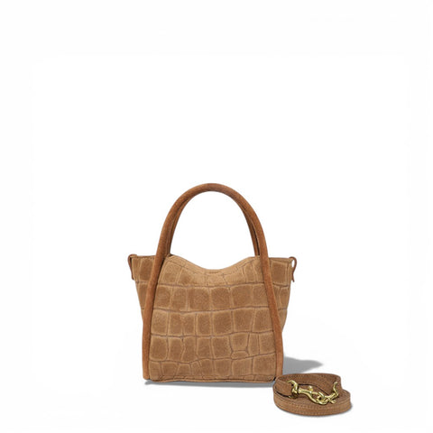 Mini Serena Top Handle Crossbody in Camel Italian Croco-Embossed Suede