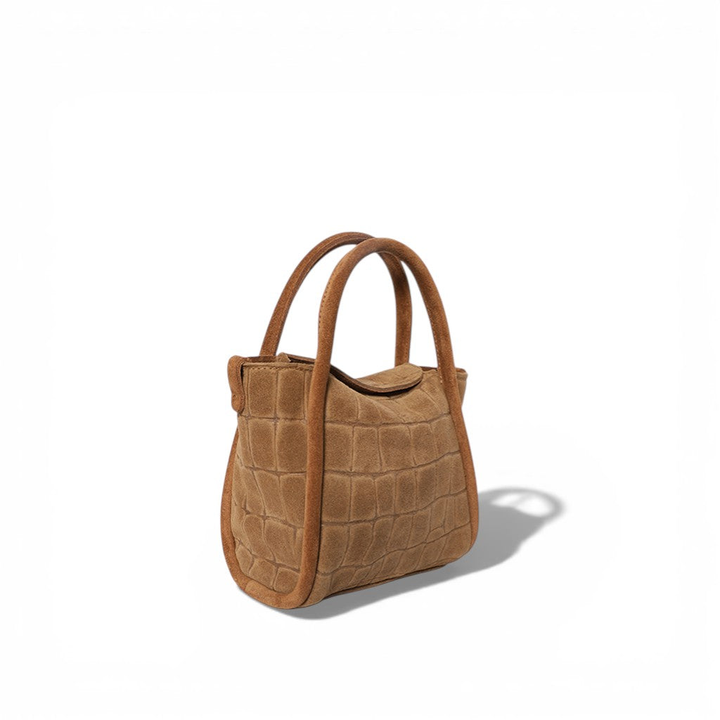 Mini Serena Top Handle Crossbody in Camel Italian Croco-Embossed Suede