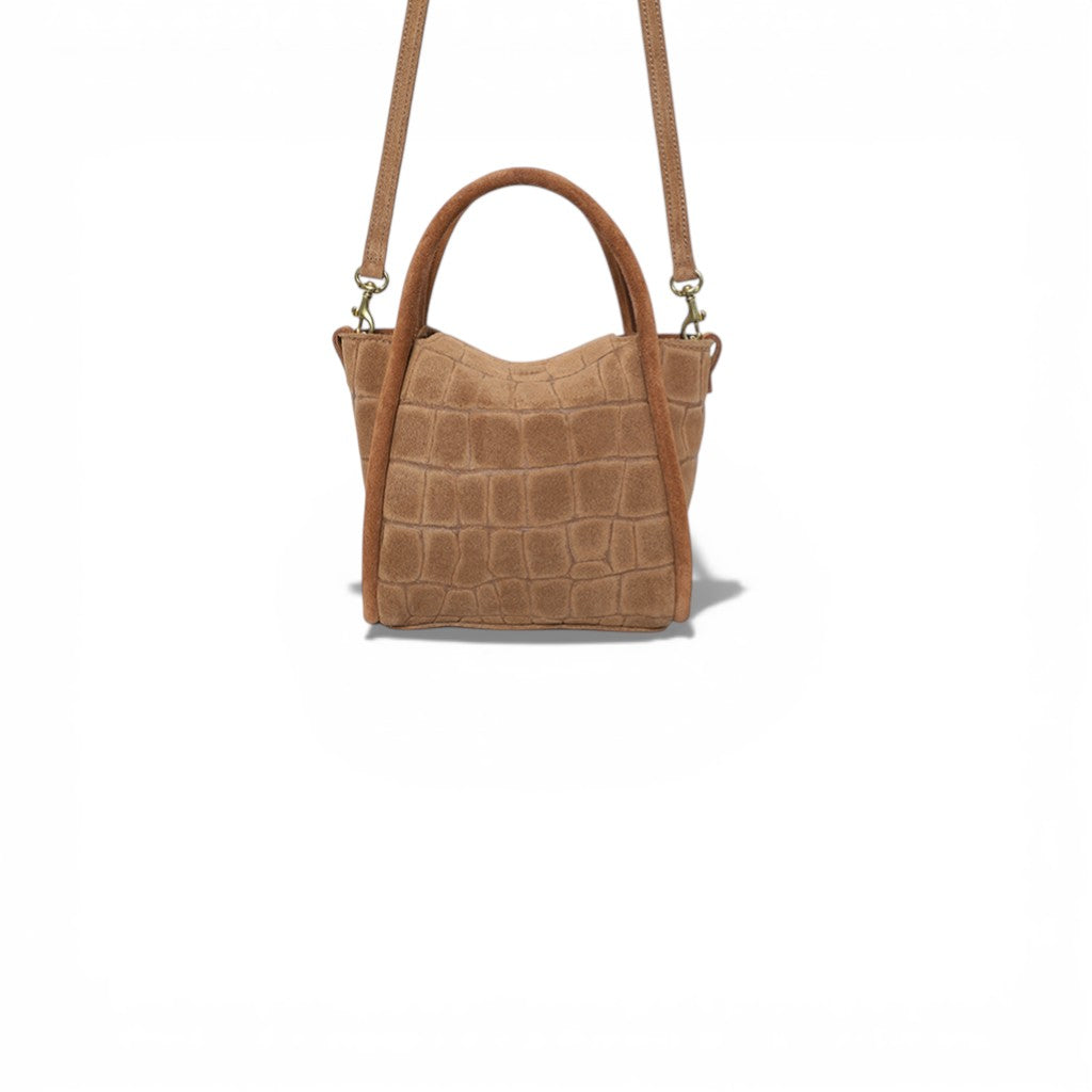 Mini Serena Top Handle Crossbody in Camel Italian Croco-Embossed Suede