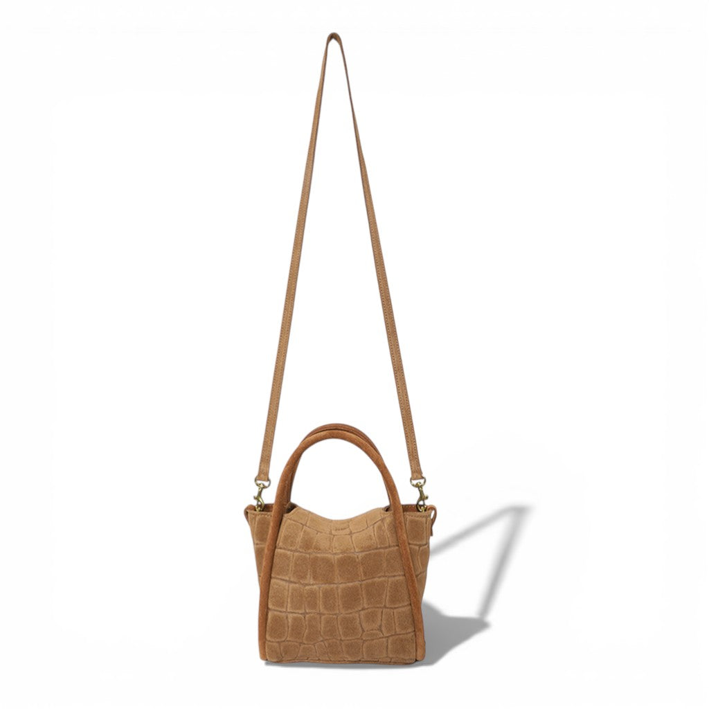 Mini Serena Top Handle Crossbody in Camel Italian Croco-Embossed Suede