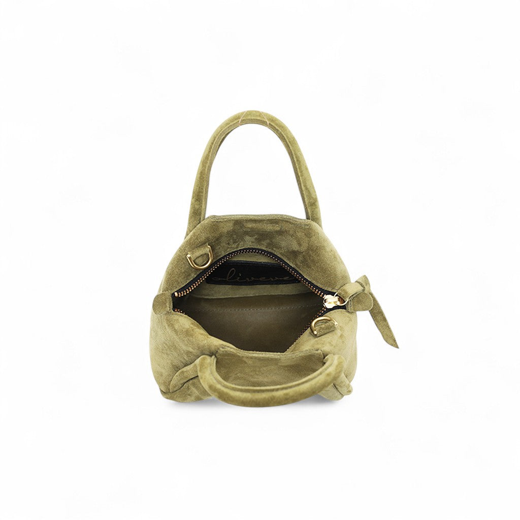 Mini Taya Top Handle Crossbody in Olive Italian Leather Backed Suede