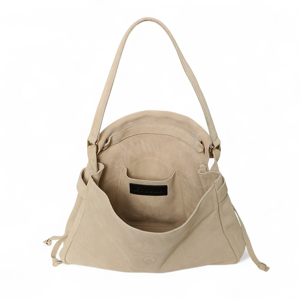 Reese Large Slouchy Shoulder in Macadamia Italian Leather Backed Suede