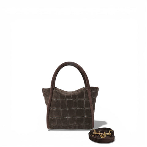 Mini Serena Top Handle Crossbody in Truffle Italian Croco-Embossed Suede