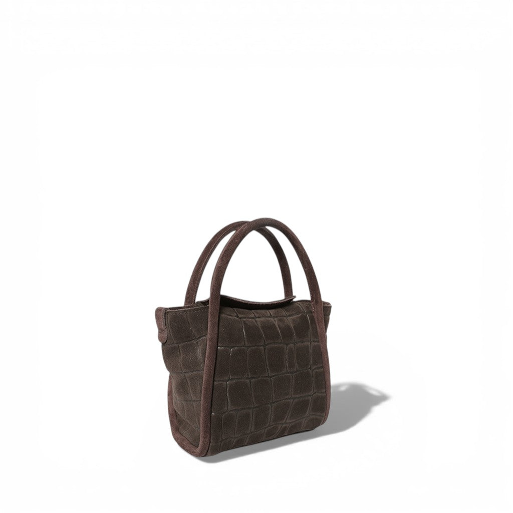 Mini Serena Top Handle Crossbody in Truffle Italian Croco-Embossed Suede