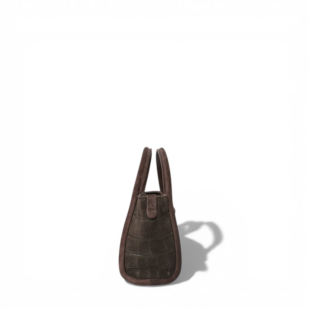 Mini Serena Top Handle Crossbody in Truffle Italian Croco-Embossed Suede