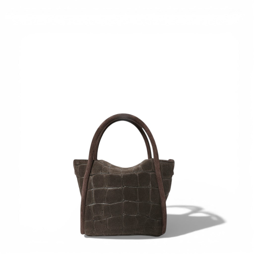 Mini Serena Top Handle Crossbody in Truffle Italian Croco-Embossed Suede