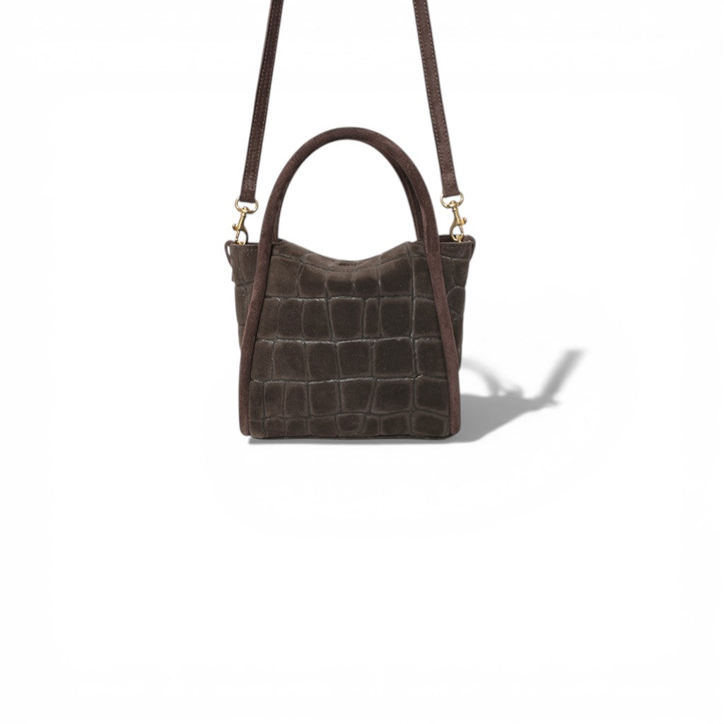 Mini Serena Top Handle Crossbody in Truffle Italian Croco-Embossed Suede