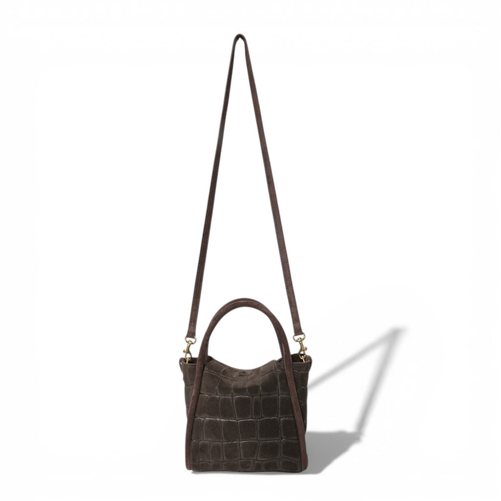 Mini Serena Top Handle Crossbody in Truffle Italian Croco-Embossed Suede