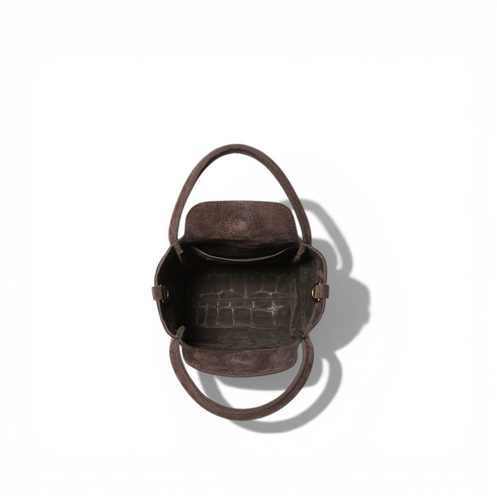 Mini Serena Top Handle Crossbody in Truffle Italian Croco-Embossed Suede