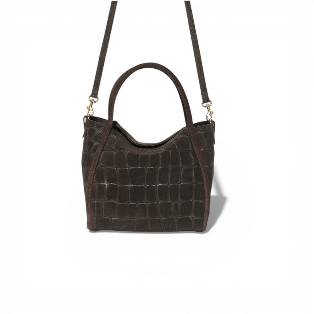Serena Satchel Crossbody in Truffle Italian Croco-Embossed Suede